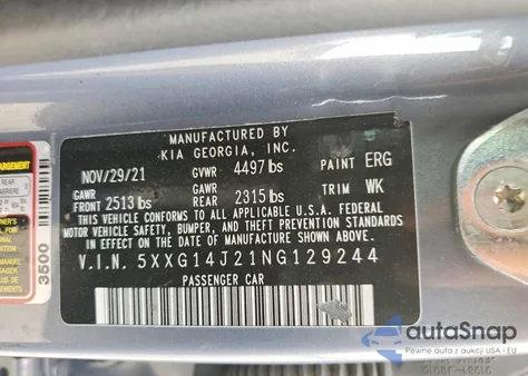 2022 Kia K5 Lxs z USA, uszkodzony, nr VIN 5XXG14J21NG129244